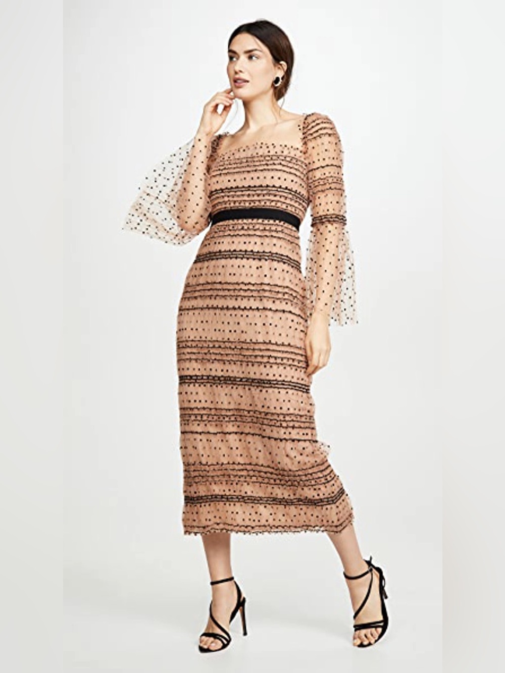 NEW Self-Portrait Shirred Polka Dot Midi Dress US Size 8 Nude Black Cocktail NWT